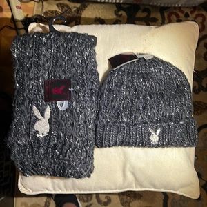PLAYBOY 2006 PLAYBOY BUNNY CUFF BEANIE & SCARF SET Black & Silver RARE VHTF VTG